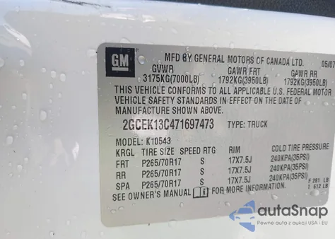 2007 Chevrolet Silverado 1500 Lt1 z USA, uszkodzony, nr VIN 2GCEK13C471697473